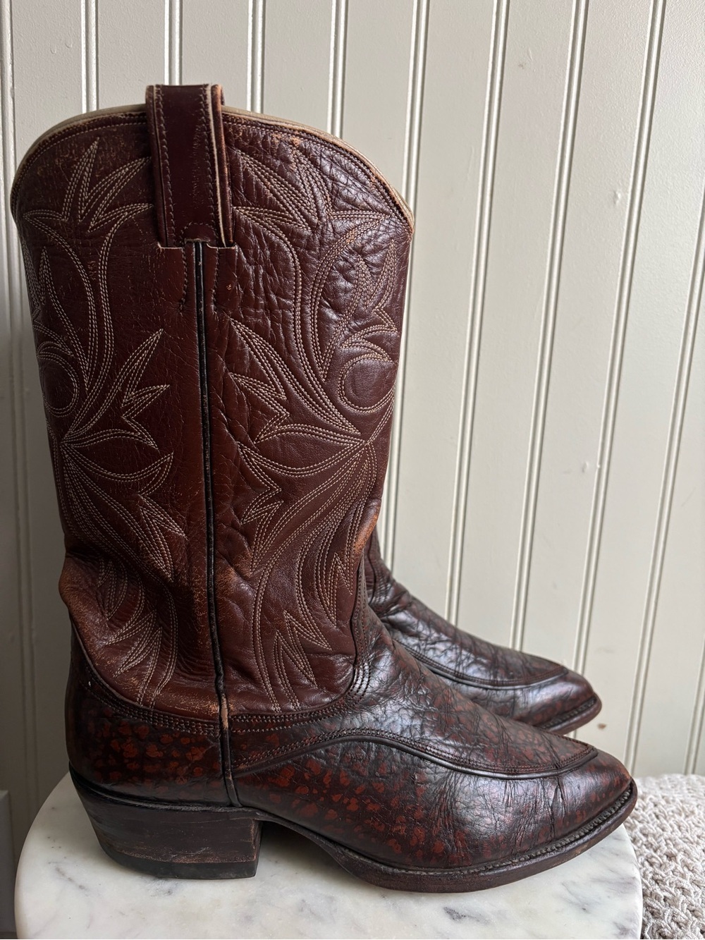 Vintage White Label Nocona Leather Western Cowboy Boots Men 8.5 Brown VTG Exotic - Picture 2 of 11